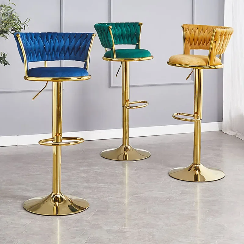 

High Gold Bar Chair Lift Vintage Round European Meta Lwaterproof Chair Velvet Swivel Design Silla Salon Furniture