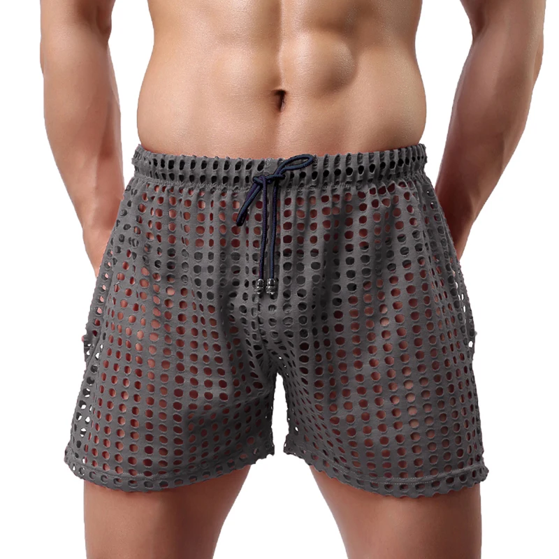 Men's Swimming Trunks Fishnet Casual Shorts Summer Swim Briefs Solid Color Mesh Drawstring Loose Lounge Shorts Swim