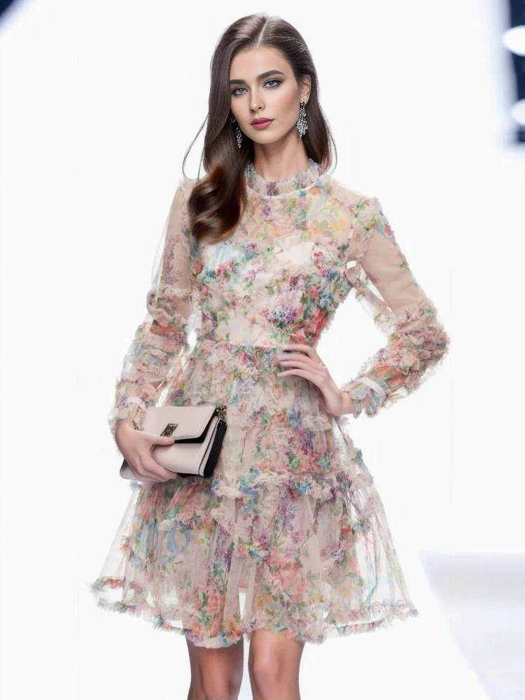 

Женское дизайнерское летнее элегантное платье, новое Сетчатое мини-платье с принтом, повседневное модное платье для отпуска с длинным рукавом, великолепное высокое качество