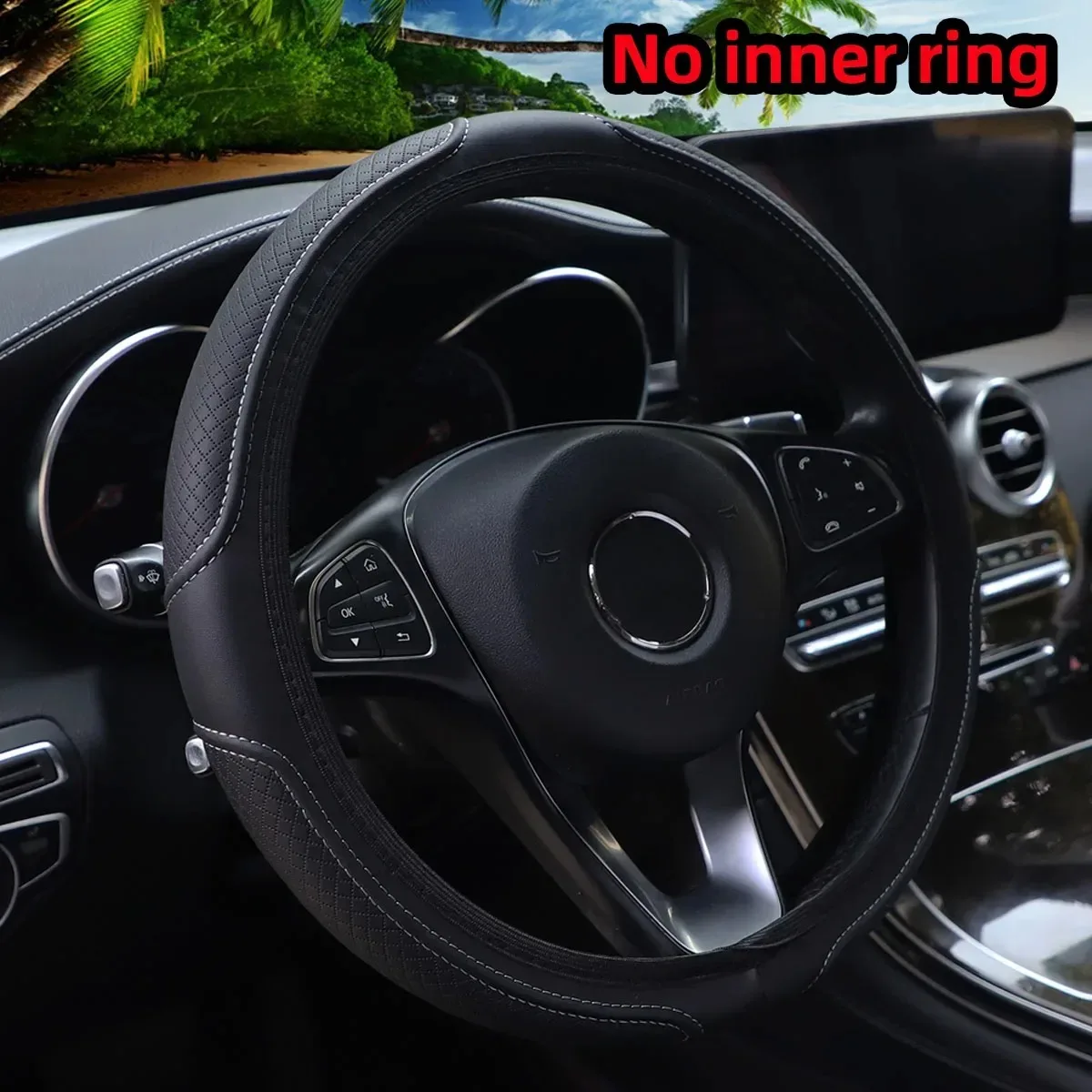 Artificial Leather Three-dimensional Embossed-car without Inner Ring Steering Wheel Cover Auto Parts for 14.5-15 Inches