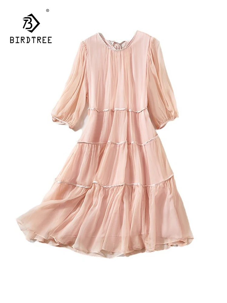 

BirdTree, 100%Real Silk Elegant Dresses For Women, O Neck Half Sleeve Solid, French Fairy Party Dress, 2024 Summer New D43773QC