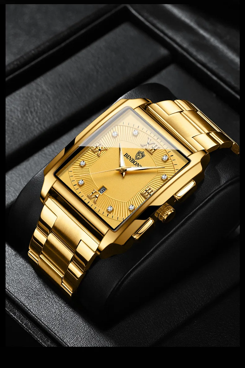 Binbond Luxury Gold Watch Men Square Japan Quartz Acciaio Inossidabile Impermeabile Sport Automatico Data Orologi Da Polso Relogio Masculi