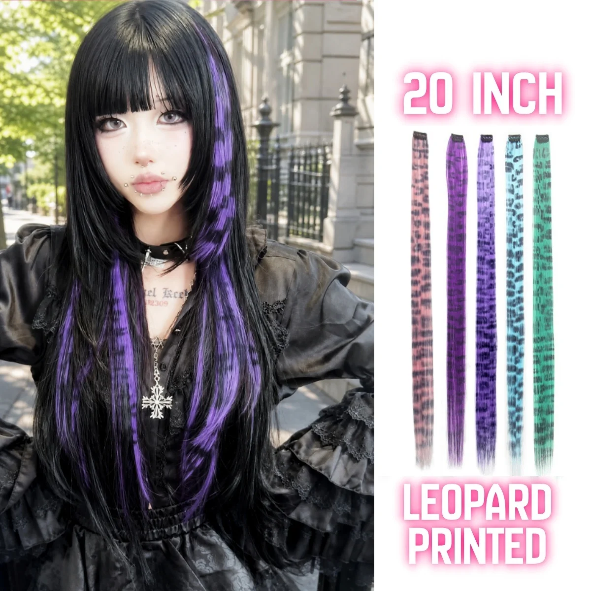 2PCS/7PCS 20inch Colorful Leopard Print Hair Extensions Synthetic Wig Clip in Hiarpiece World Cup Halloween Party Daily Wear
