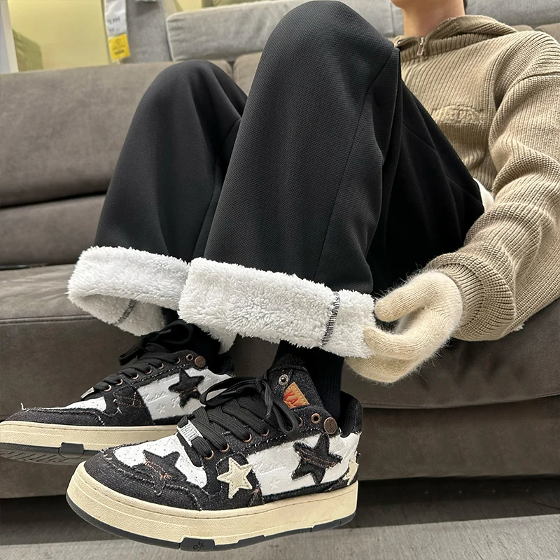 

Fleece Winter Men's Casual Pants Simple Solid Color Thickened Warm Straight Comfortable Wide Leg Male Velvet Trousers