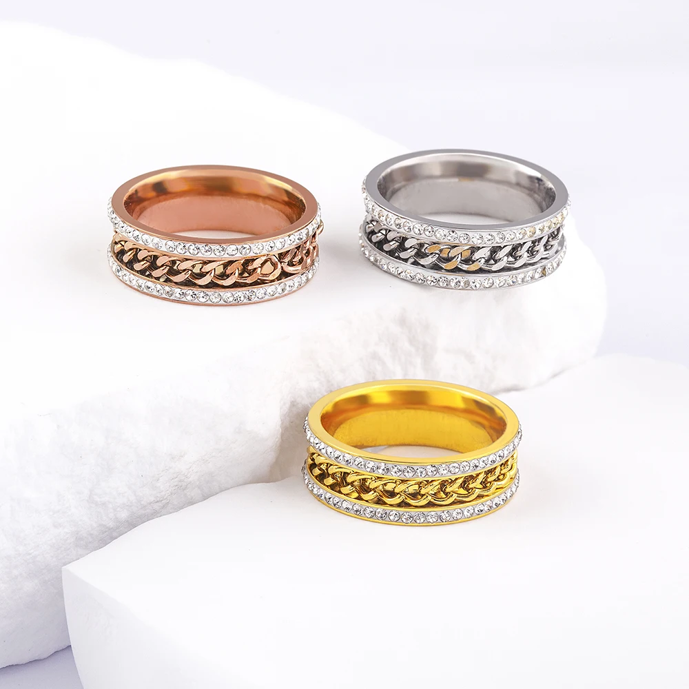 TYO High Quality Punk Chain Design Round Stainless Steel Rings Crystal Cubic Zircon Beauty Jewelry