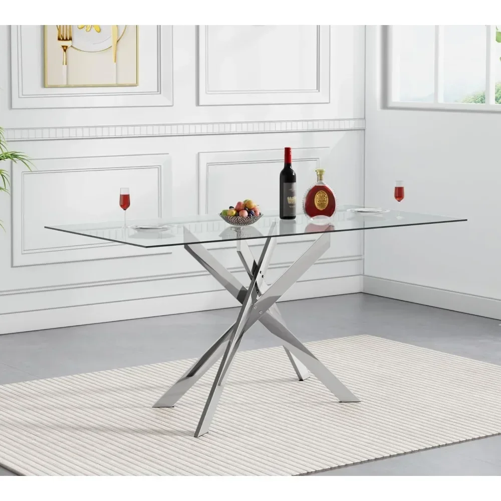 Rectangular Glass Dining Table Kitchen Glass Top Table for 4 with   Metal Legs,Dining Table Kitchen Glass Table for Kitchen 4