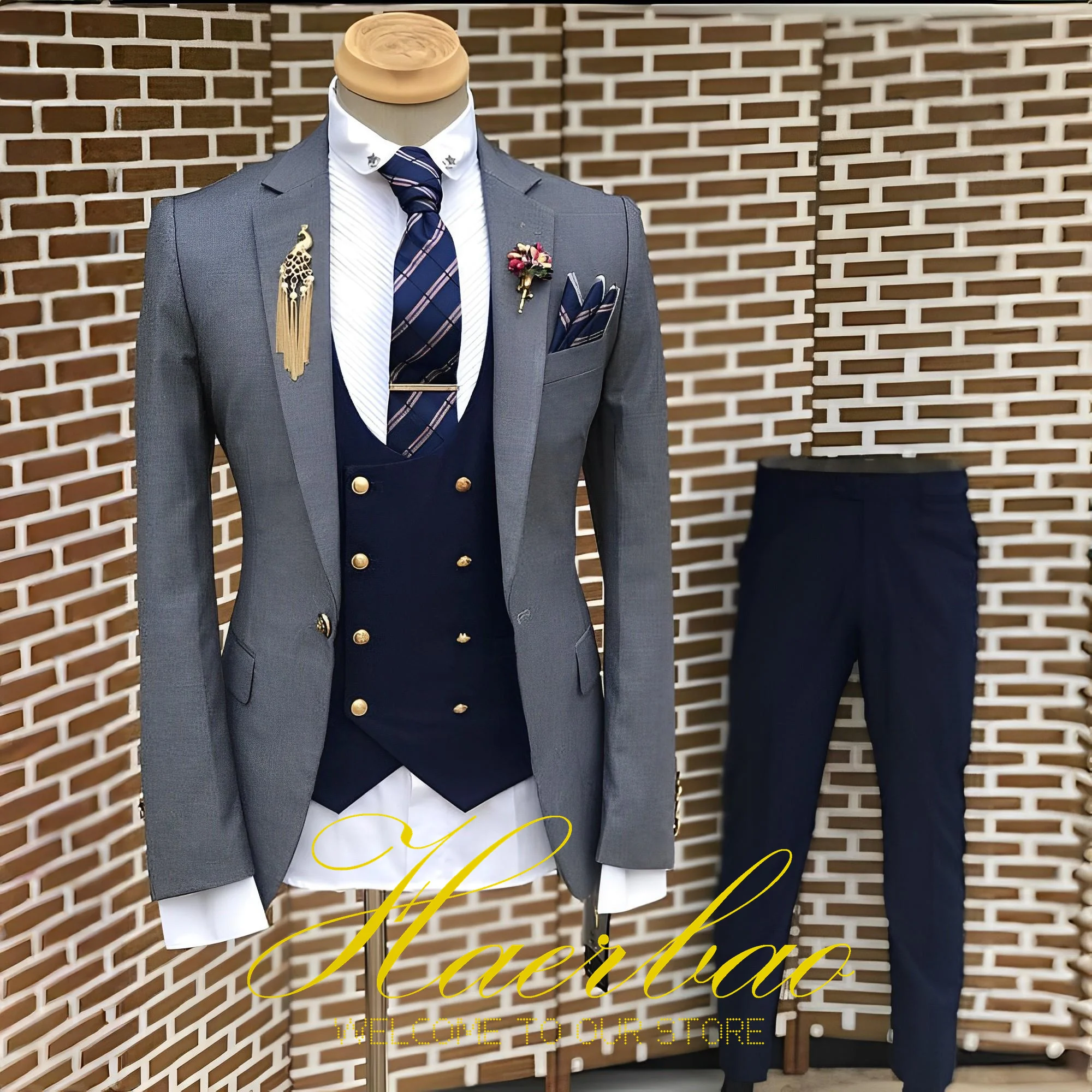 Men's Suit Business Jacket Navy Blue Vest Pants 3-Piece Set Slim Fit Wedding Tuxedo