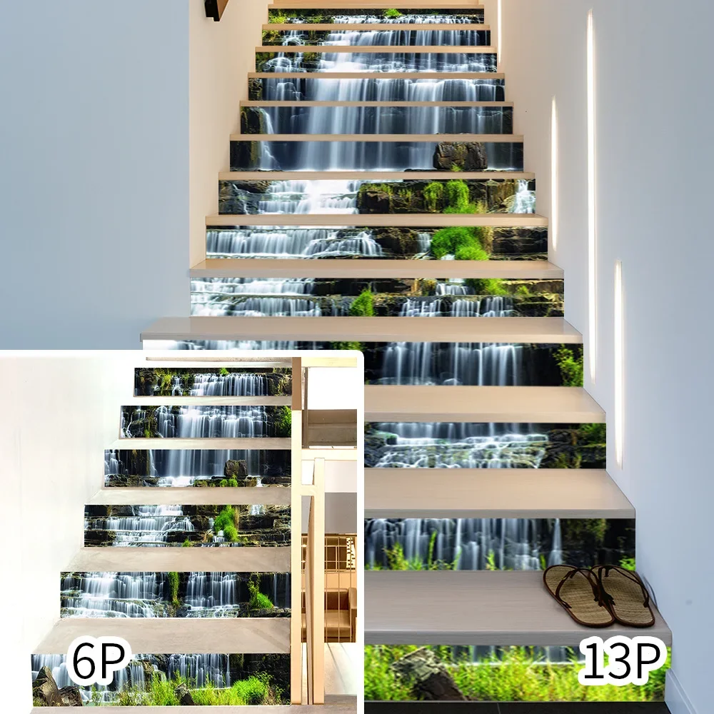 3D Self-Adhesive Stair Riser Decals Stickers Forest Waterfall Removable PVC Staircase Stickers Mural Stairway Wallpaper Sticker Decoration