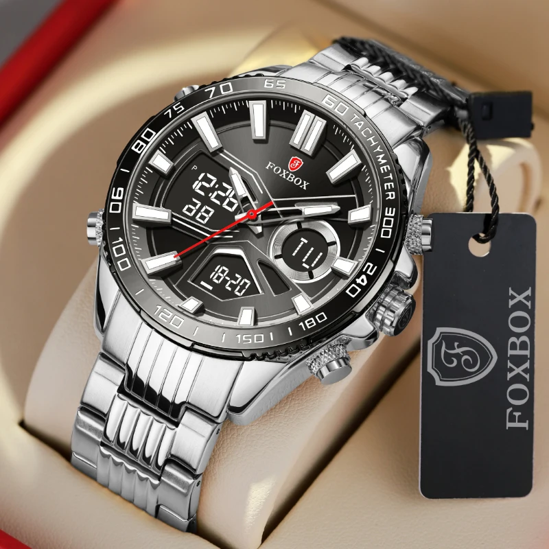 FOXBOX New Fashion Sport Men's Wrist Watch Digital Waterproof Quartz Chronograph Stainless Steel Clock Male Relogio Masculino