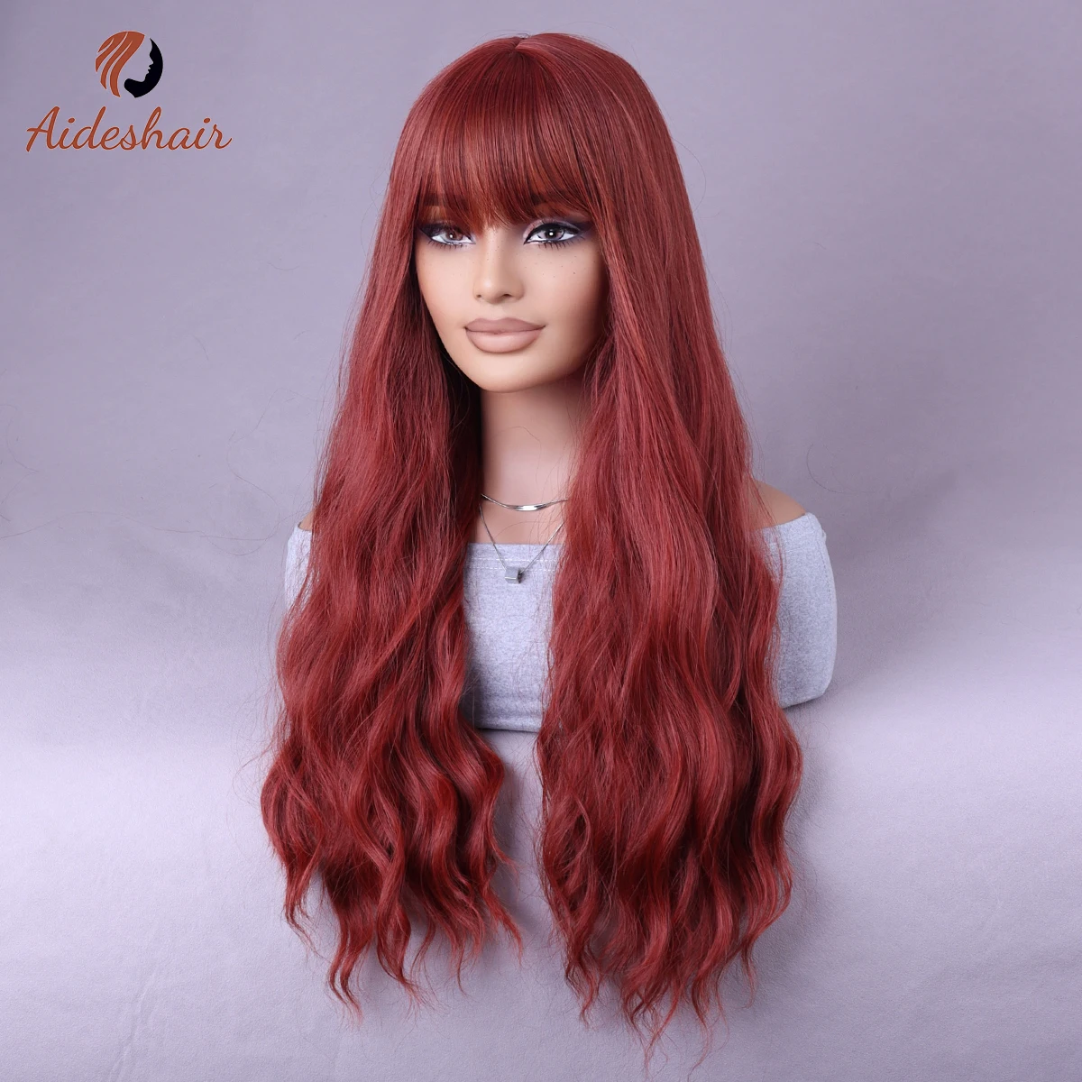 Aideshair 여성용 앞머리 버건디 가발, 긴 곱슬 웨이브 합성 가발, 일상 파티용, 28 인치 전체 길이 앞머리