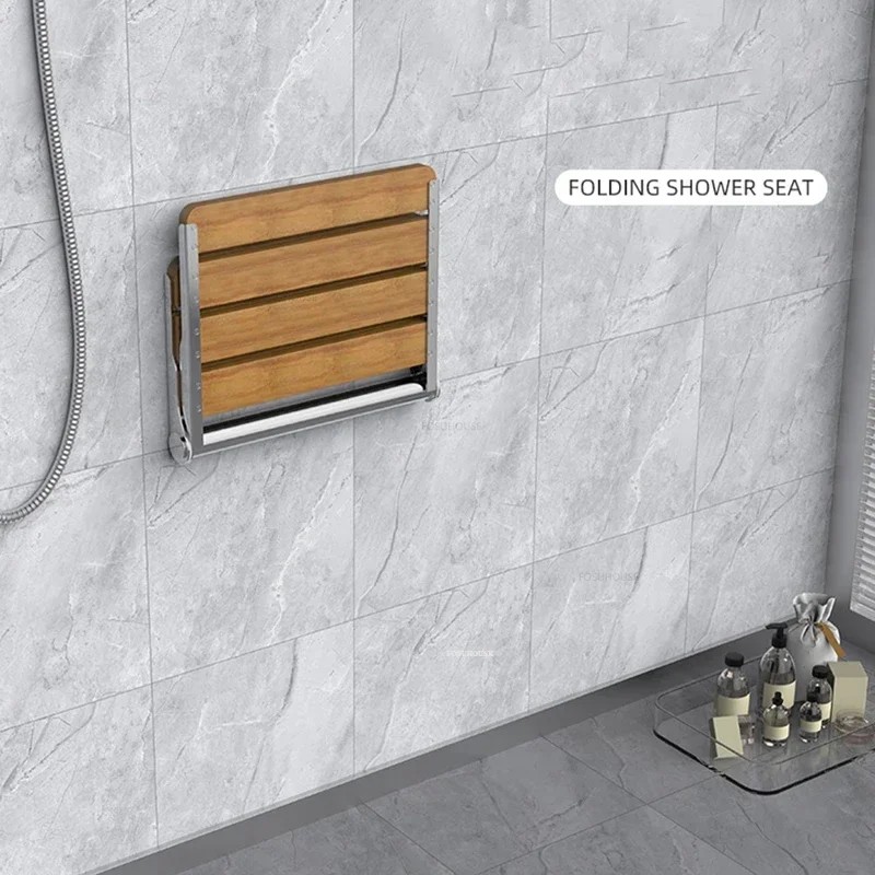 Folding Bath Chair Solid Wood Wall-mounted Shower Seats Creative Barrier-free Seat Stool Modern Home Porch Shoe Changing Stool 3