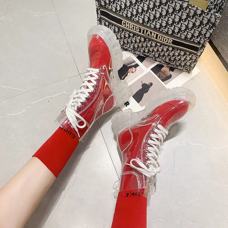 2021 Cool Fashion Women Transparent Platform Boots Waterproof Ankle Boots Feminine Clear Heel Short Boots Sexy Female Rain Shoes 