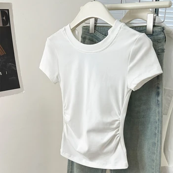 تي شيرت صيفي نسائي جديد موديل 2025 برقبة على شكل حرف v ملابس خروج نسائية بيضاء على الموضة 100% قطن أسود تي شيرت للصيف 4