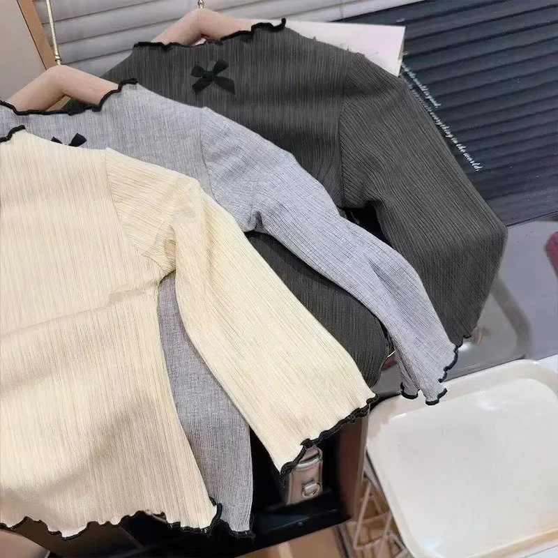 6M-8Y Girls Long Sleeved T-shirt Children Ruffled Edge Bow Knitted Tops 2025 Autumn Versatile Base Shirt for Baby Girls
