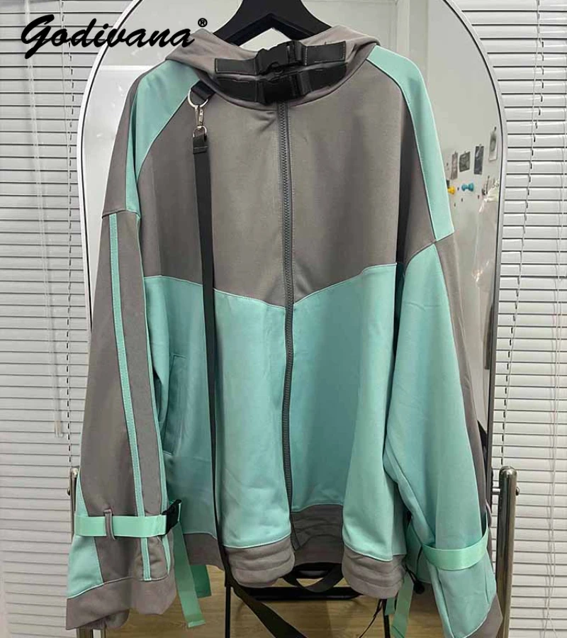 Japanese Mine Series Green and Gray Women's Y2K Zip Hoodie Coat Autumnnew Loose Niche Design Contrast Color Casual Sports Jacket