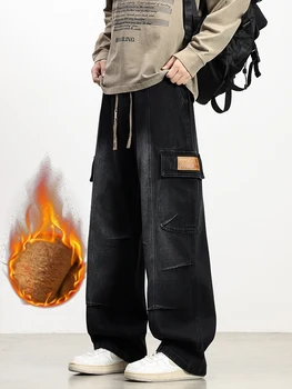 Men's Winter Fleece Cargo Jeans with 5 Pockets Wide Leg Straight Baggy Jeans Brushed Warm Denim Pants Asian Size L-6XL