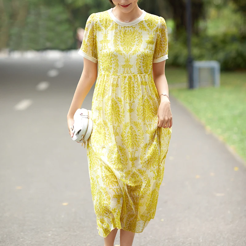 

Женское длинное платье-трапеция из натурального шелка, с коротким рукавом