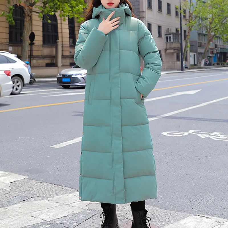

Autumn Winter Solid Women Long Down Parkas Casual Simple Hooded Thicke and Warm Female Loose Button Zipper Outwear Oversized