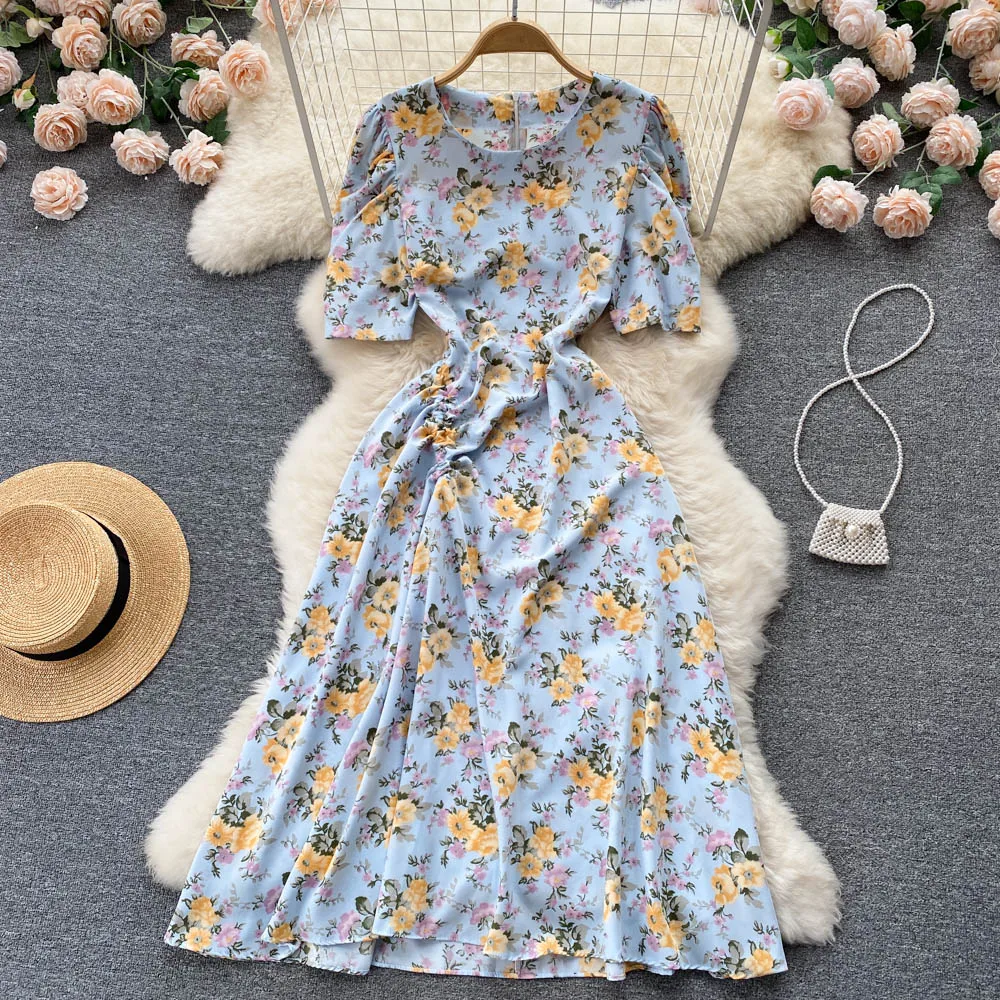 

French Gentle Style Round Neck Floral Dress 2022 Summer New Style Waist Slimming A-line Long Dress