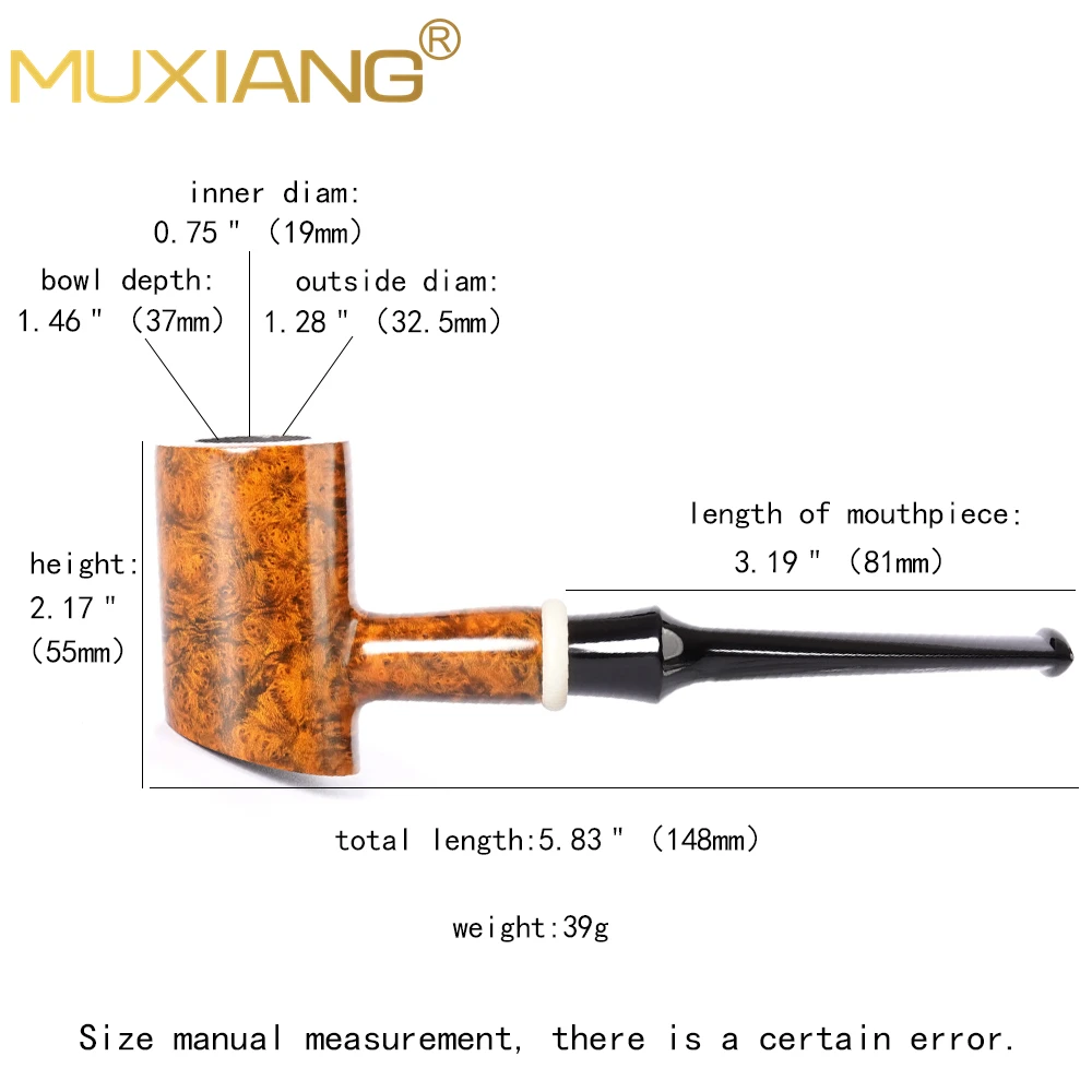 MUXIANG handmade briar tobacco pipe straight handle hammer pipe beginner pipe gift acrylic pipe handle decorated with ring