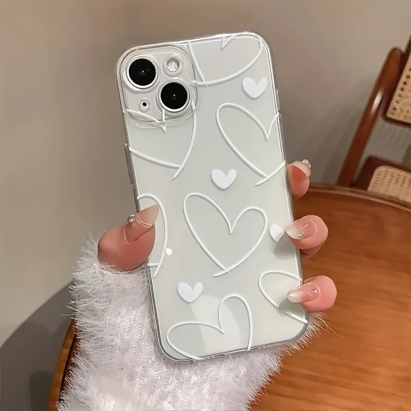 Weiße Linie Herzmuster Neue trendige transparente TPU-Handyhülle, geeignet für iPhone 17 Air Pro Max iPhone 16 15 14 13 12 11 XS Xr X 7 8 12/13 Mini Plus Pro Max Se Geburtstag/Valentinstag/Geschenk für Freund/Freundin