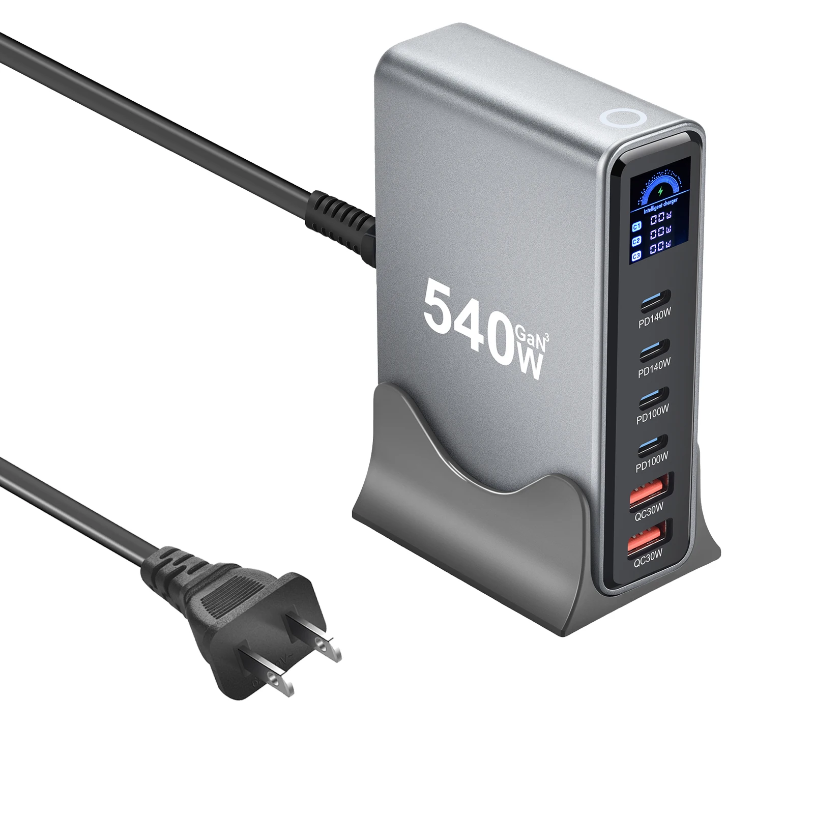 New 540W GaN Charger with Display Desktop 140W USB-C 6-Port Fast Charging Station Suitable for Phones Tablets Electronic Devices