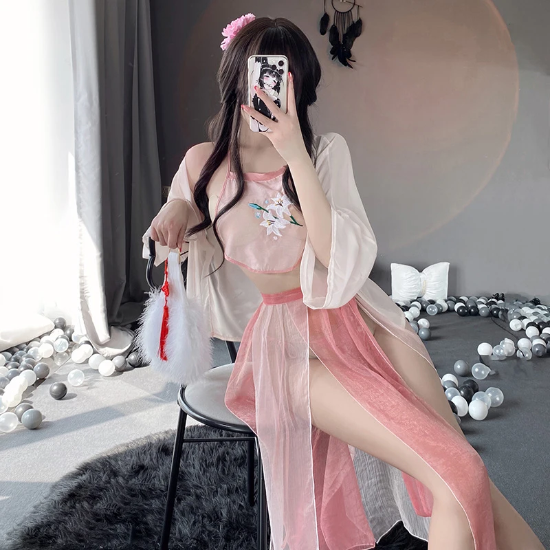 OJBK Women Sexy Lingerie Chinese Traditional Bathrobe Mesh Bandage Suit Girl See Through Sleepwear Blossoms Long Robes Nightgown