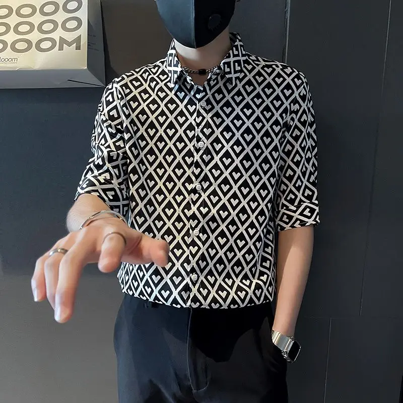 Summer Men's 2024 New Spliced Square Collar Button Printing Geometric Fashion Slim Fit Comfortable Versatile Half Sleeve Shirts