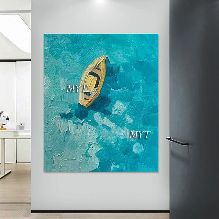 

Simple Blue Acrylic Handmade Artwork Decoration Restaurant Picture Wall Canvas No Framed Modern Ship At Sea Art Painting