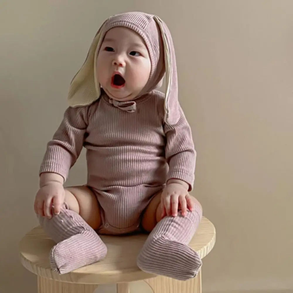 Cotton Solid Rabbit Romper Sets Ribbed Texture Solid Color Bunny Costume 3 Pieces Set Ear Hat Infant Clothes Toddler Boys