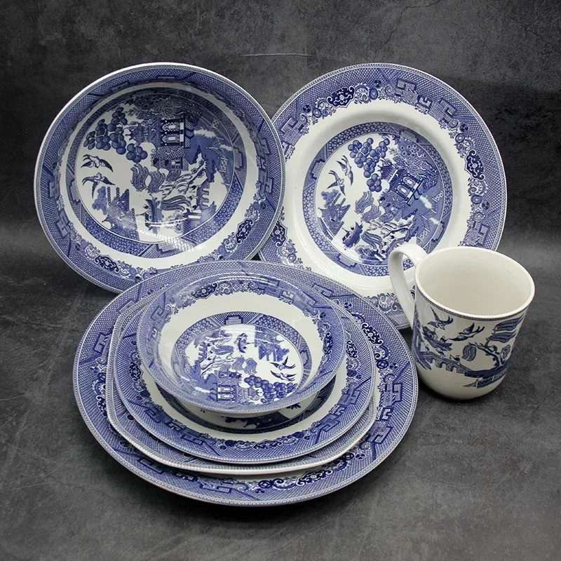 The Blue Willow Dinner Set Elegant England Style Ware Ceramic Breakfast Plate Beef Dishes Dessert Dish Soup Bowl