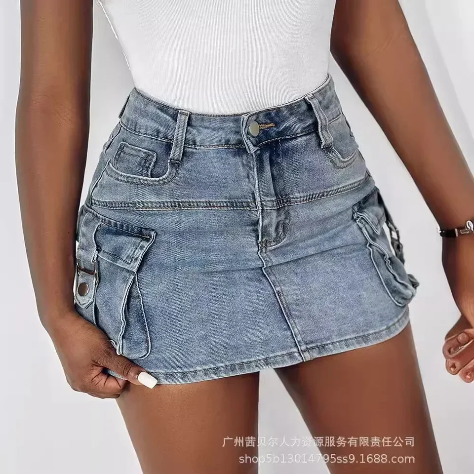 Falda De Mezclilla Tipo Cargo Para Mujer - Cintura Alta, Elástica, Con Bolsillos, Estilo Y2K