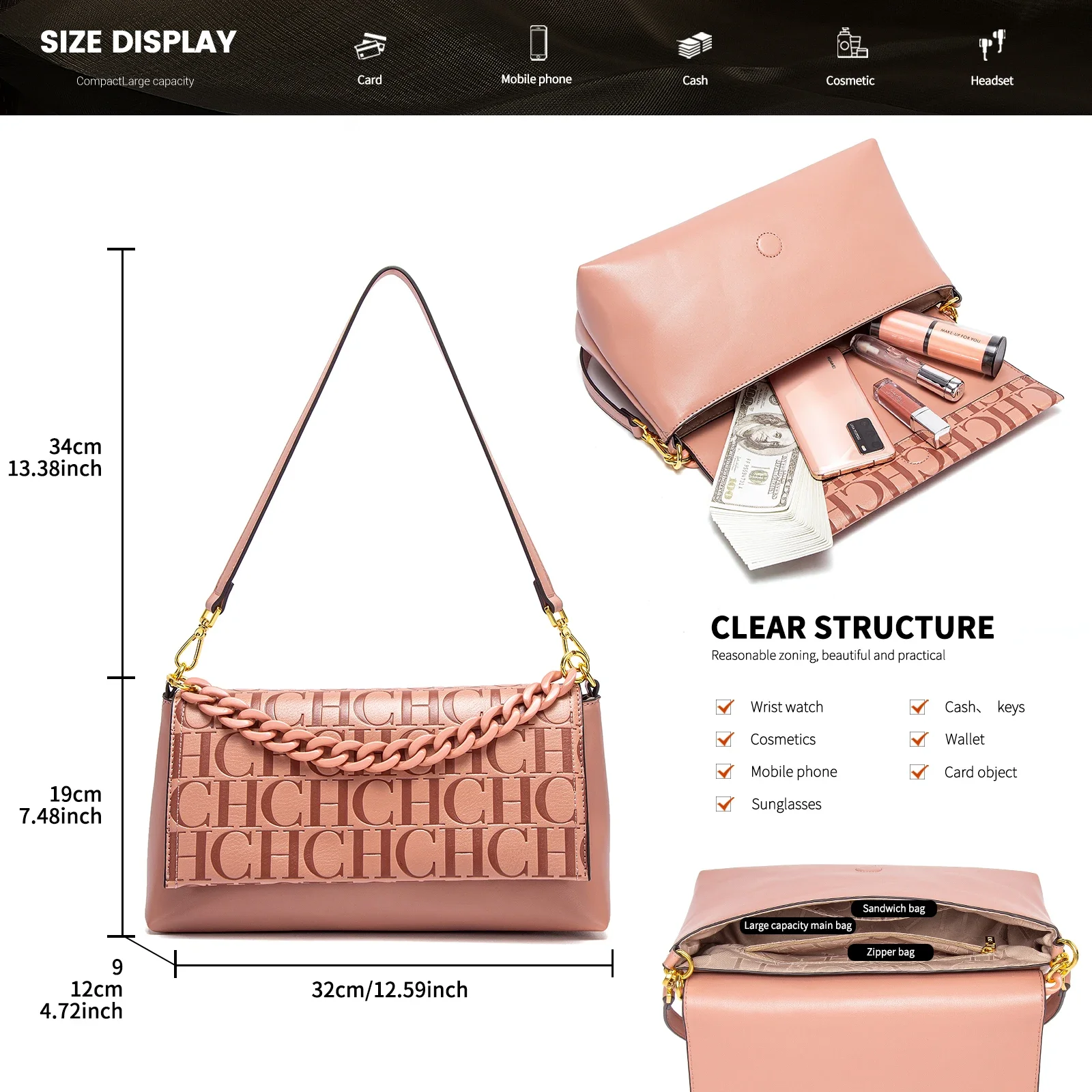 حقيبة كتف نسائية كلاسيكية جديدة بتصميم مستطيل بلون...