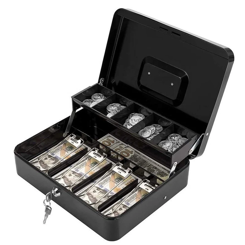 Cash Register Box with Cash Tray 4 Bill/5 Coin Slots Lock Safe Box with Key Savings Organizer Piggy Bank Cashier Case for Store 5