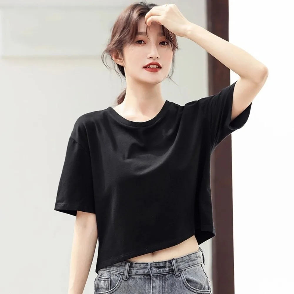 Ins Fashion U Neck Ultra Short T-Shirt Solid Color Streetwear Korean Short Tops Korean Style Tanks Black White Crop Top Sports