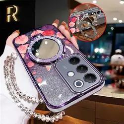 Pink Rose Phone Case Set with Lanyard and Stand, 3 - Piece Collection for Realme 15x (India) (PURPLE)
