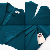 GK Women Midi Dress V-Neck Slim Fit OL 3/4 Sleeve Back Slit High Waist Bodycon Dress With Belt Elegant Office Work Dresses - Image 2