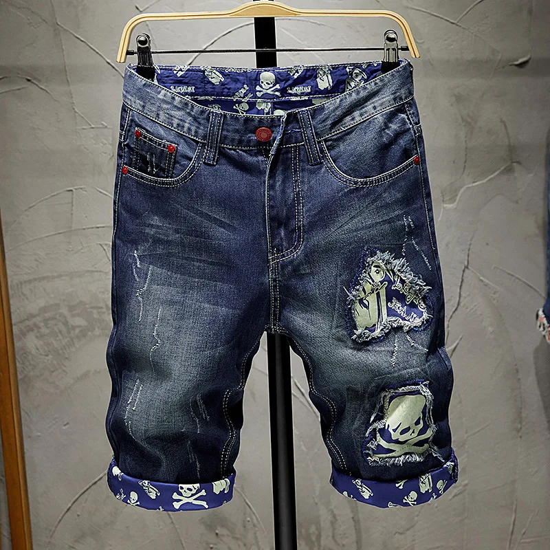 Calções jeans para motocicletas masculinas, estampados personalizados, rasgados, rua alta, slim-fit, retrô, moda verão