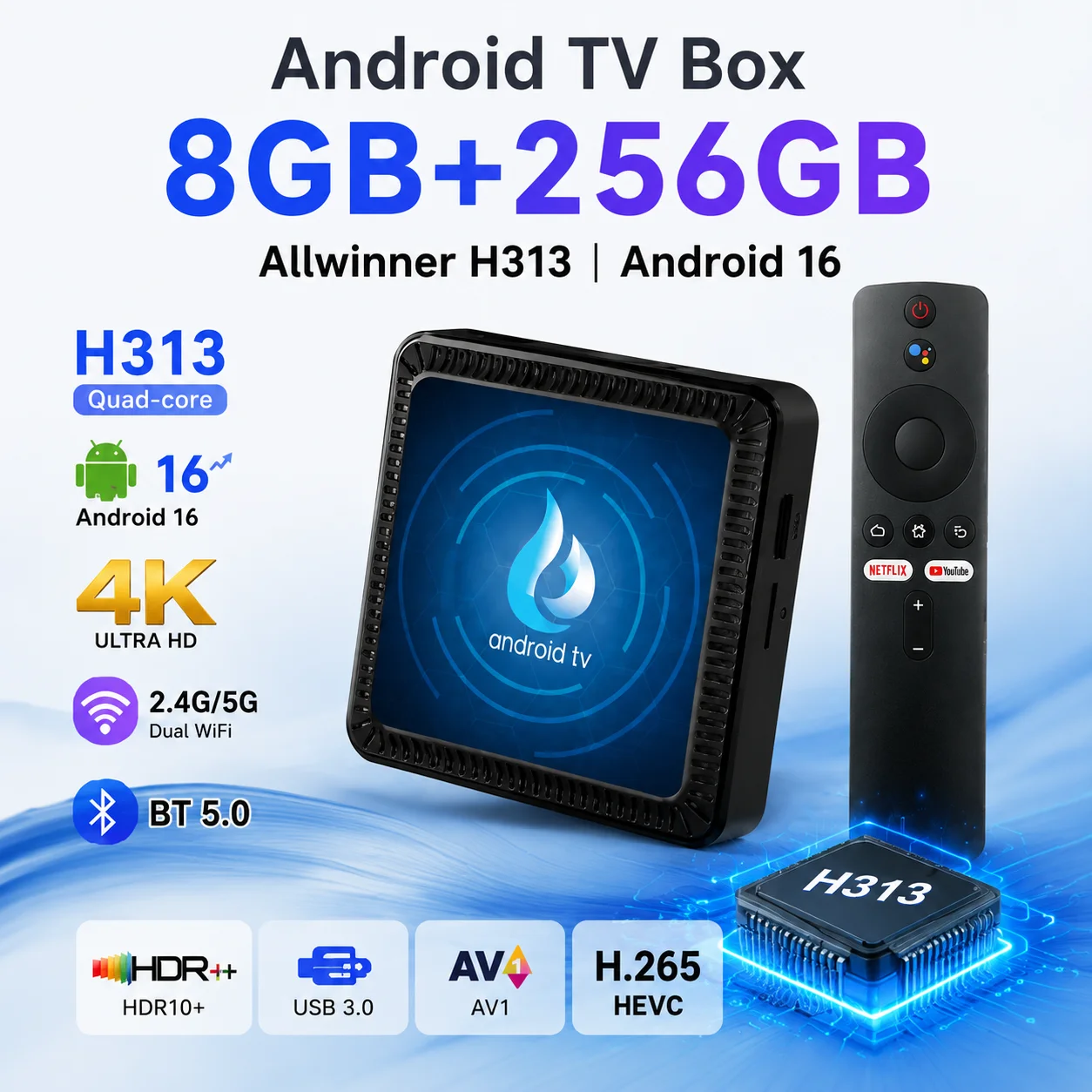 안드로이드 16 TV 박스 올위너 H313 쿼드 코어 4GB 램 64GB 롬 듀얼 와이파이 BT5.0 8K 울트라 HD AV1 미디어 플레이어 스마트 TV 박스 셋톱 박스