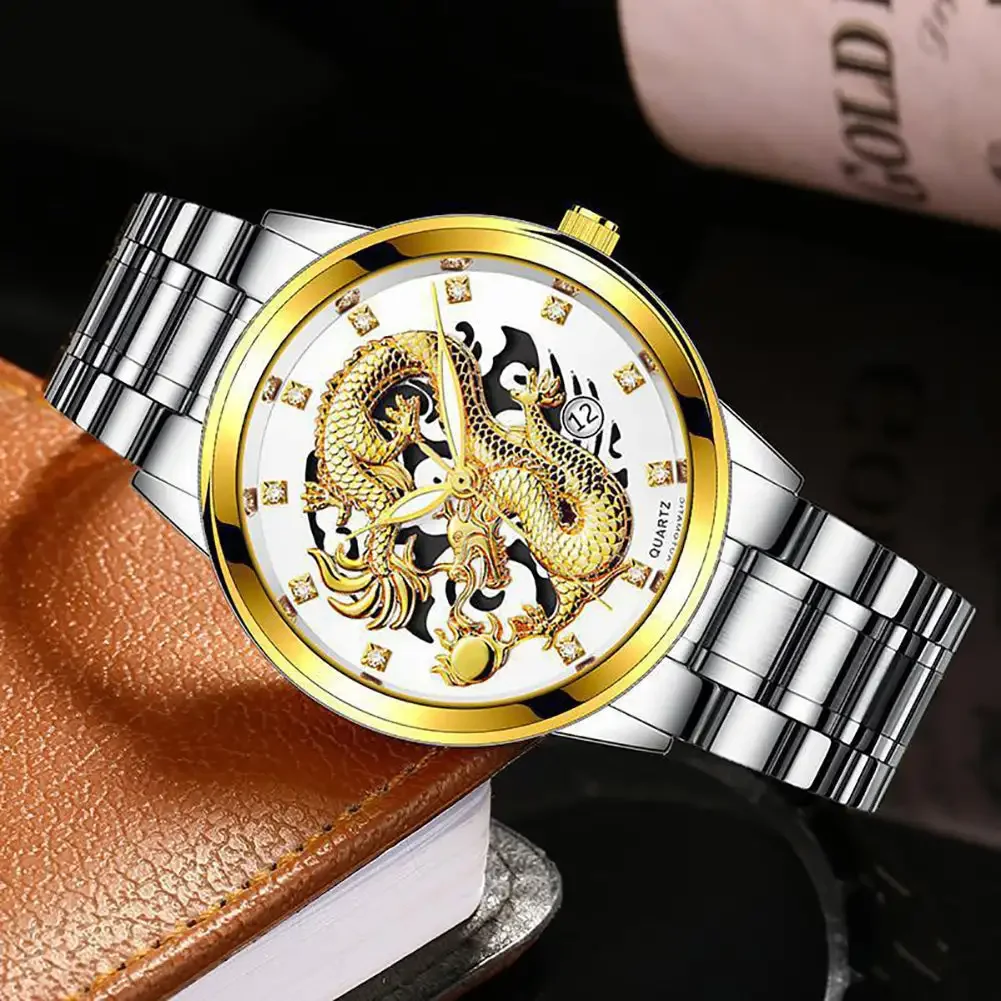 Luxury Delicate Trendy Men Fashion 3D Gold Dragon Calendar Watch Set Men Quartz Stainless Steel Watches 3