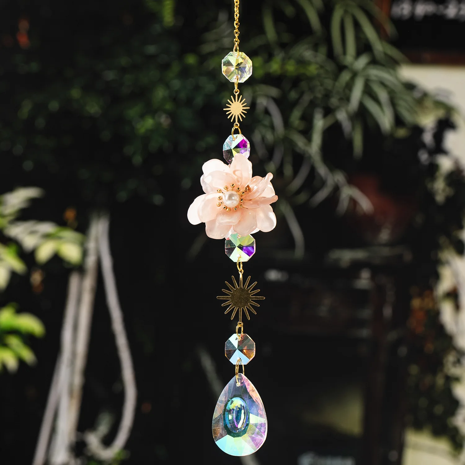 42cm Suncatcher Crystal Rainbow Maker Flower with Pink Stone Home Outdoor Garden Wedding Party Decoration Women Gift sun catcher,sun catchers