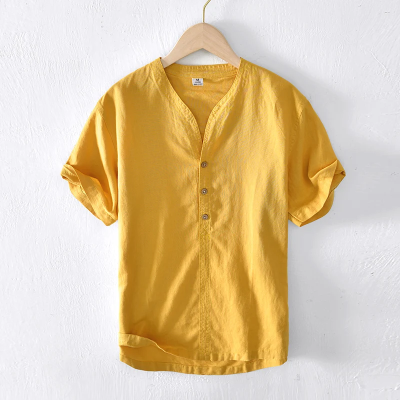 

yellow Pullover Short Sleeve Shirt for Men Summer New Cotton Linen Tops Male Casual Fashion Designer Shirts