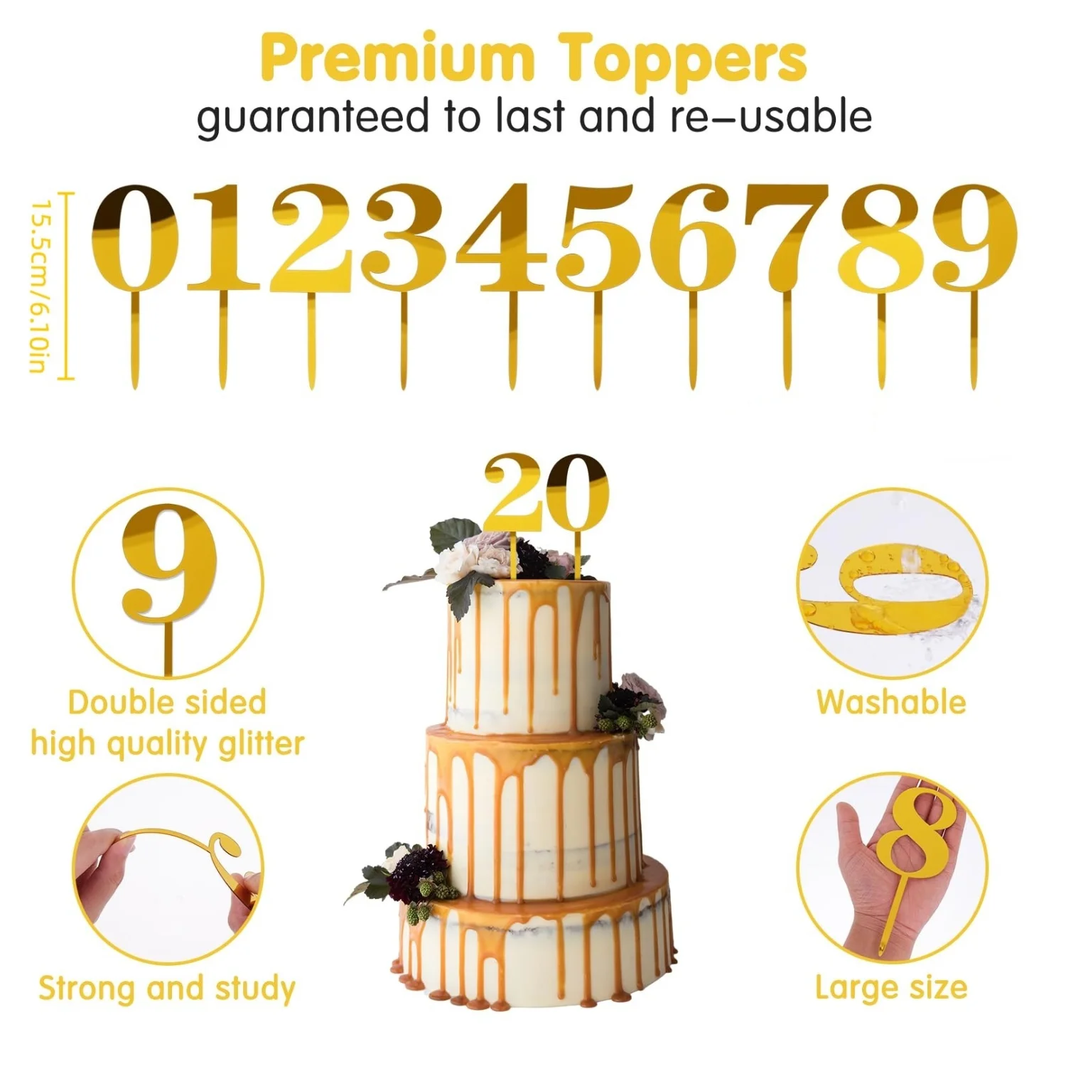 10 Stück 0–9 Zahlen für Kuchendekoration, glänzendes Gold, Acryl-Zahlen-Kuchenaufsatz, Dekorationen für Geburtstagsfeier, Hochzeitstag – Detail 4