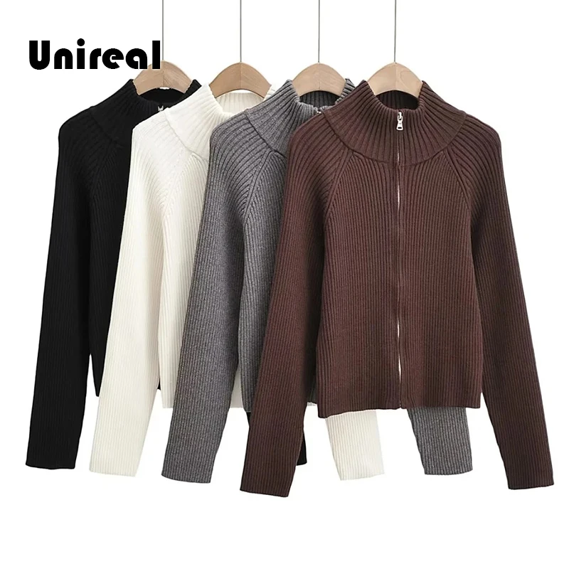 

Unireal 2022 Autumn Winter Women Knitted Cardigan Outwear Coats Warm Thick Zip Up Sweater Cardigan Female Jumpers