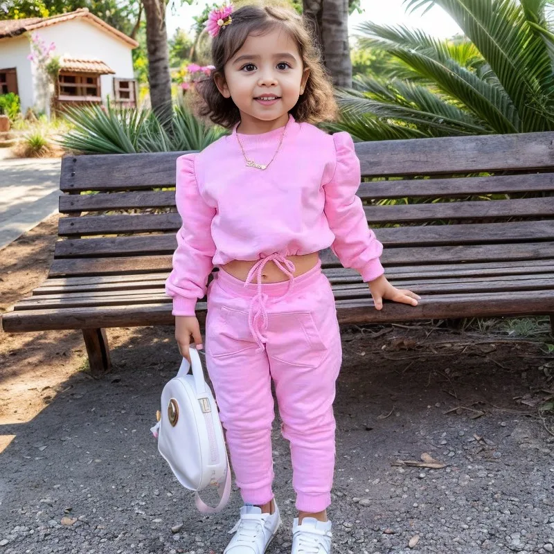 

Новинка Весна 2024, Модный пуловер с круглым вырезом и длинным рукавом для девочек + штаны, комплект из 2 предметов, повседневная детская одежда