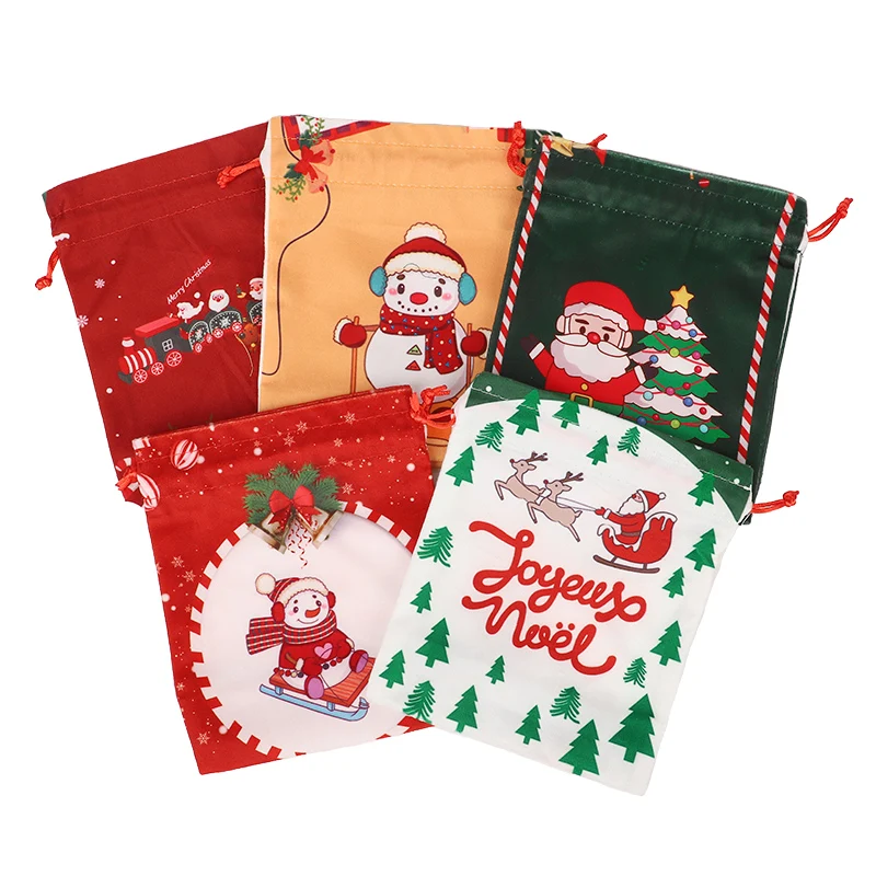5pcs Christmas Drawstring Gift Bag Cartoon Candy Cookie Apple Wrap Bag Kids New Year Party Favors Supplies Christmas Decoration