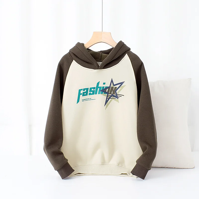아동용 플리스 후드티 겨울용 따뜻한 남아용 컬러 블록 풀오버 한국 스타일 보온 스웨트셔츠 프린트 두꺼운 캐주얼 재킷