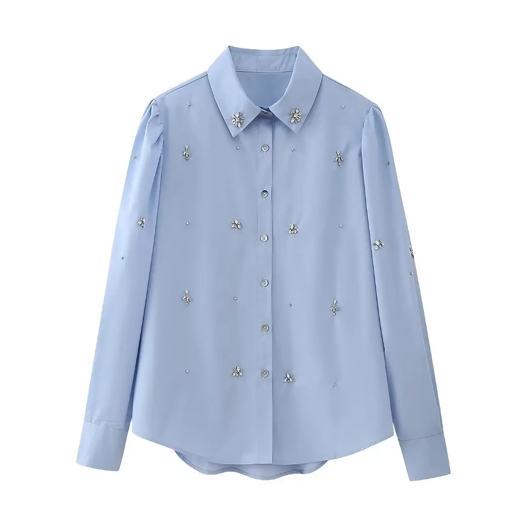 

Women New Fashion Artificial jewelry decoration Casual Asymmetric Blouses Vintage Long Sleeve Button-up Female Shirts Chic Tops