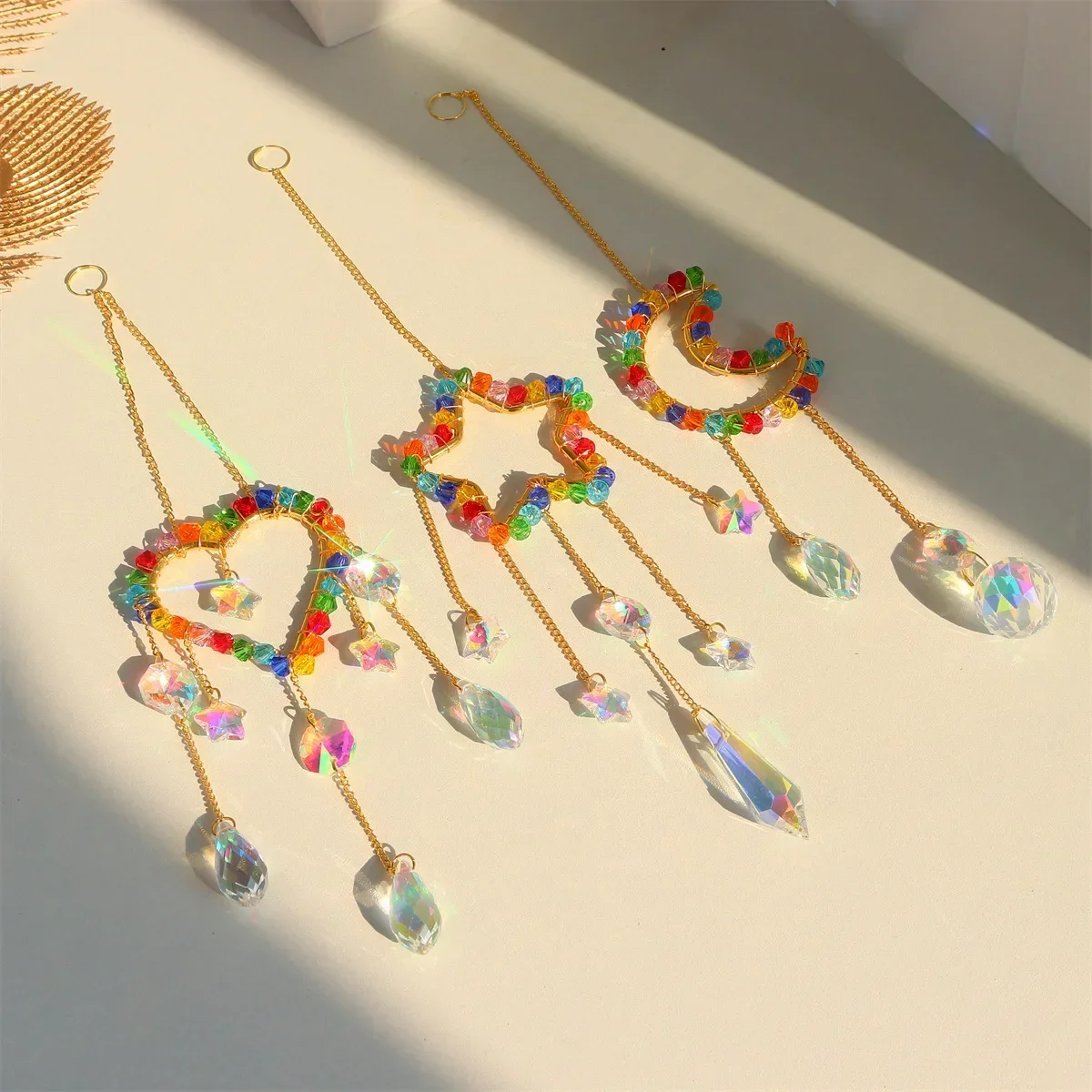Chakra Glass Crystal Suncatcher Moon Star Heart Hanging Pendants Rainbow Prism Wind Chimes Garden Home Decor Christmas Ornament