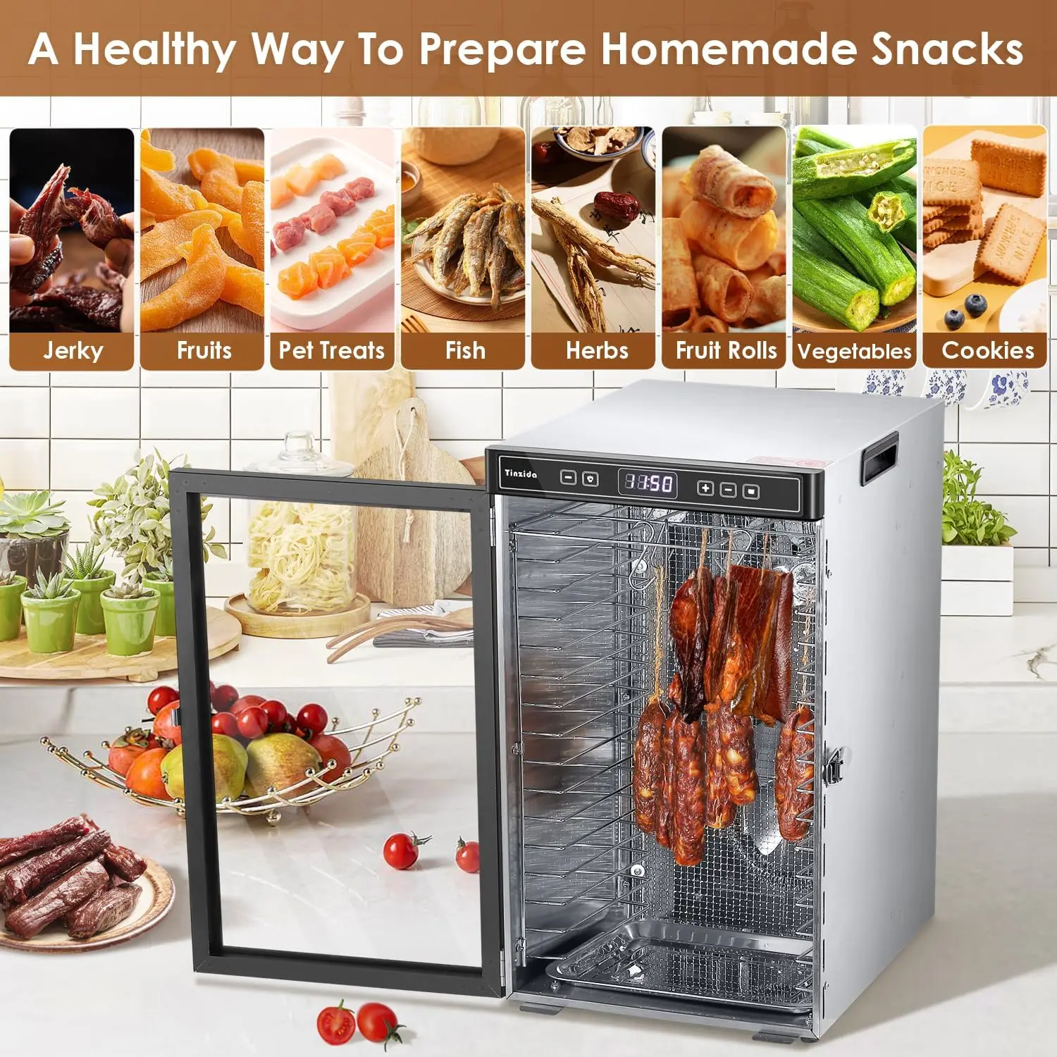 Dehydrator For Food And Jerky 16 Stainless Steel Trays Large Food Dehydrator Machine For Fruit Meat Beef Vegetable Dog Treats